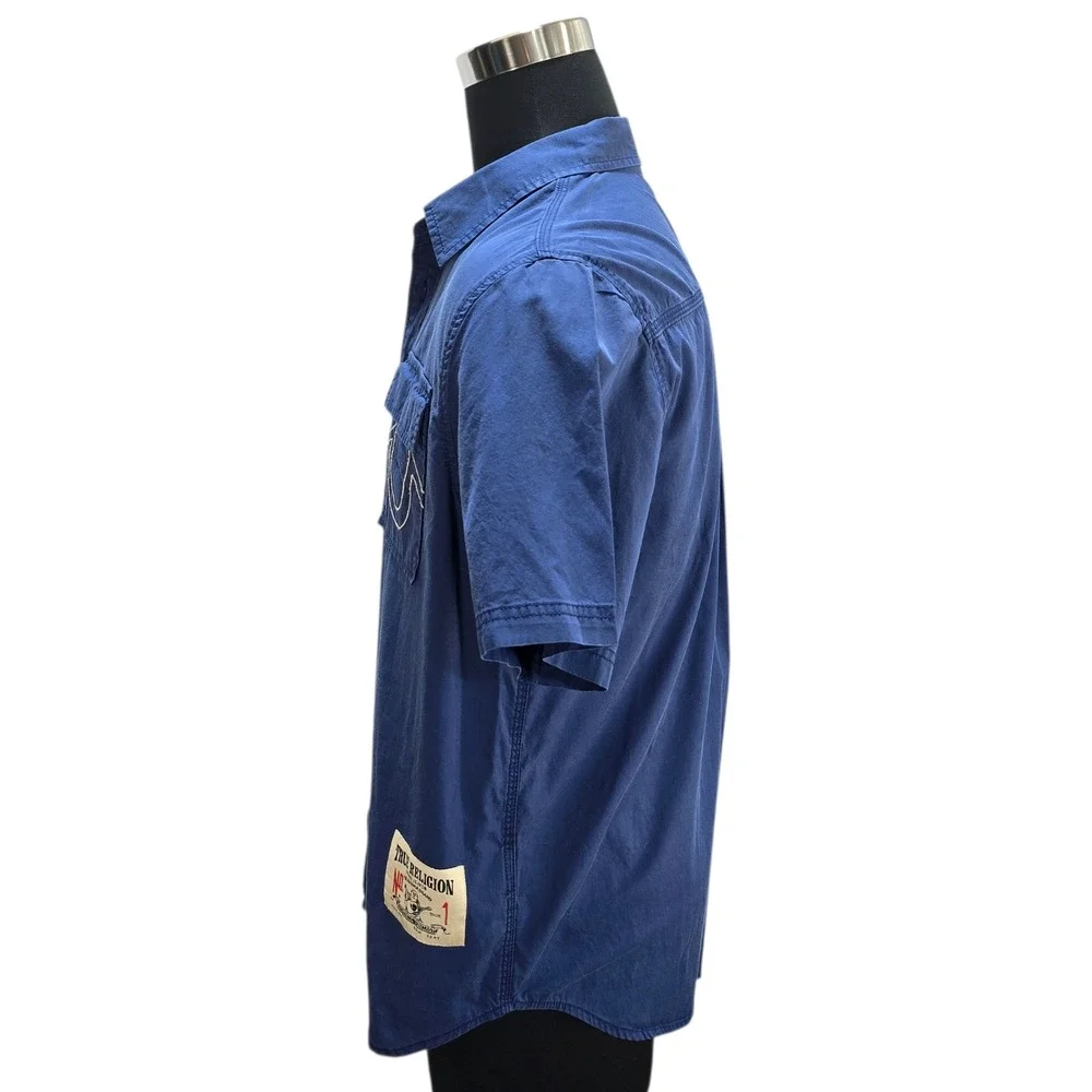 True Religion Shirt Mens Large Blue Cotton Short Sleeve Workwear Horseshoe‎ Y2K